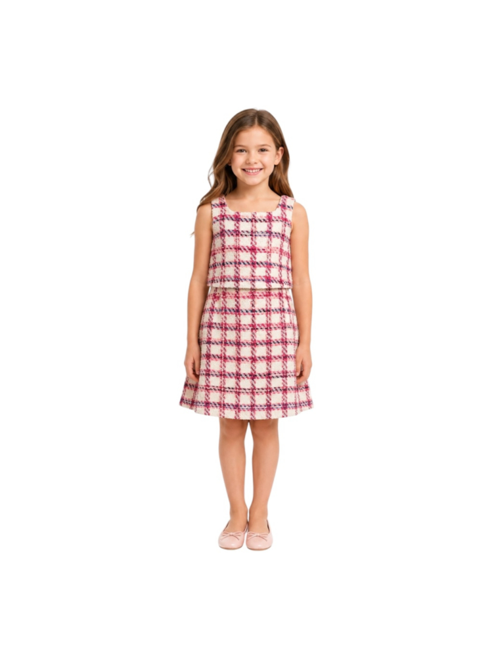 Janie and Jack Girls Size 6 Pink Plaid Tweed Bouclé Party Dress